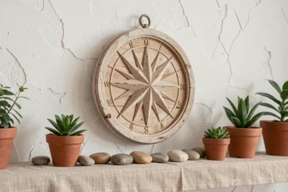 Rose des vents décorative en bois sculpté sur mur blanc dans un salon feng shui minimaliste avec plantes et pierres naturelles