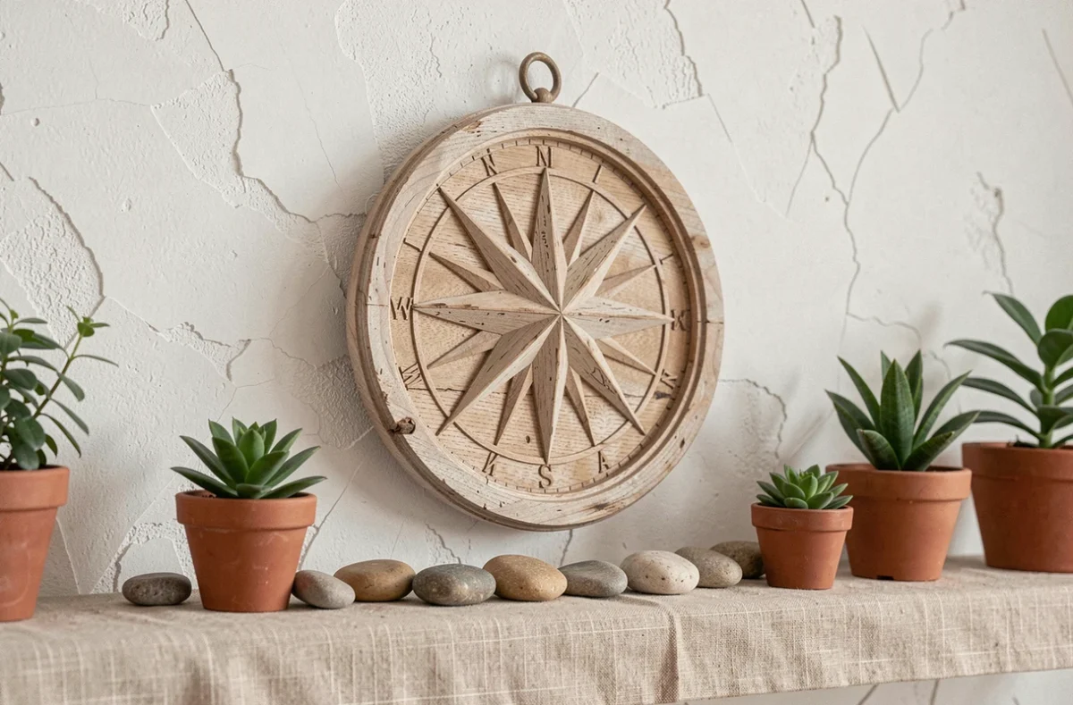 Rose des vents décorative en bois sculpté sur mur blanc dans un salon feng shui minimaliste avec plantes et pierres naturelles