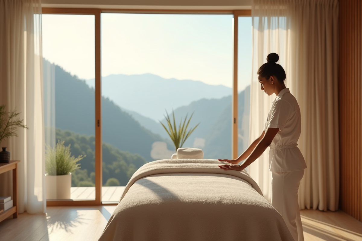 Salle de massage avec vue sur la montagne au matin