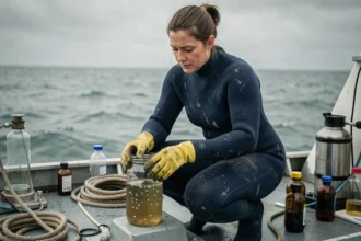 Scientifique marine analysant des microplastiques prélevés dans l'océan à bord d'un navire de recherche