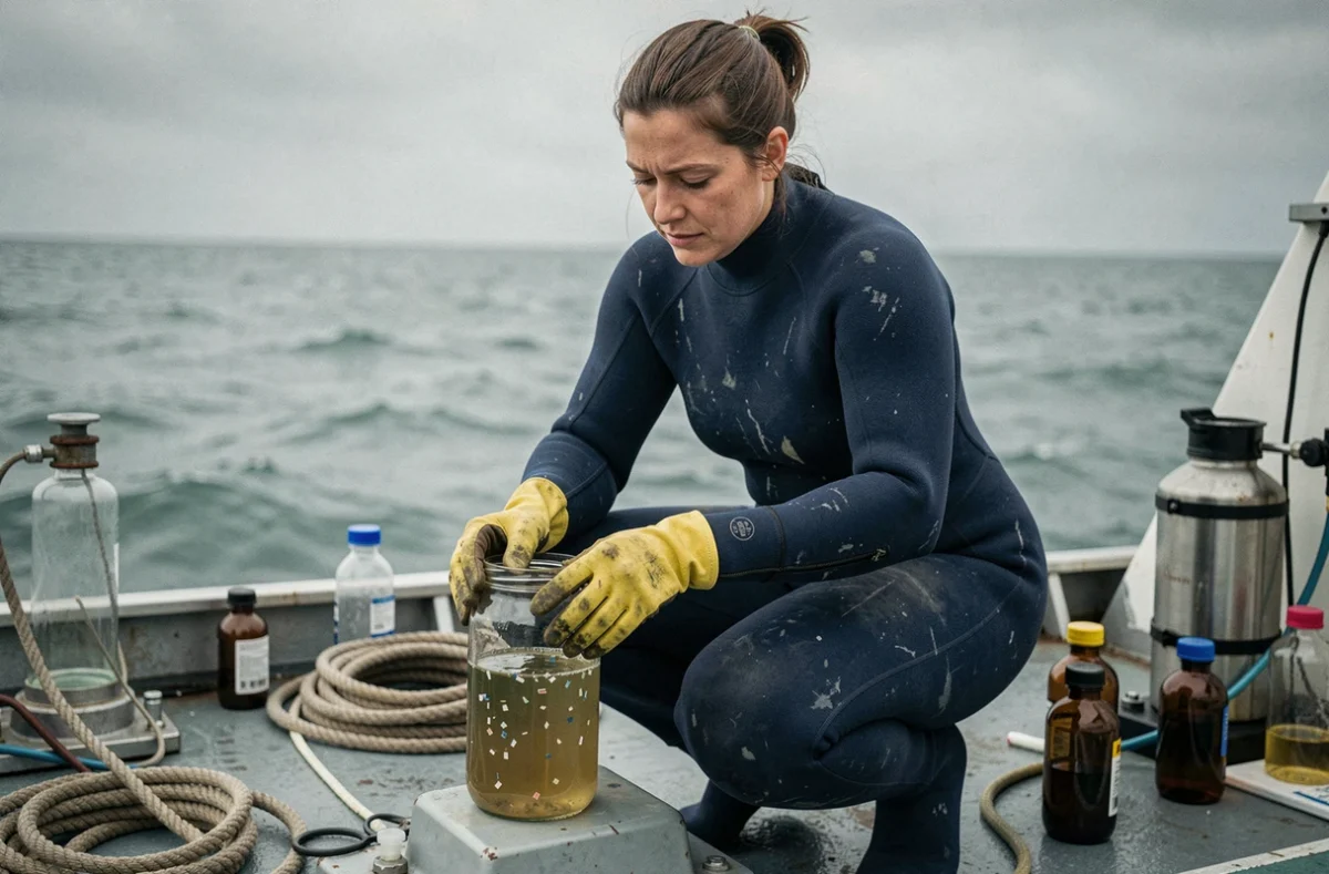 Scientifique marine analysant des microplastiques prélevés dans l'océan à bord d'un navire de recherche
