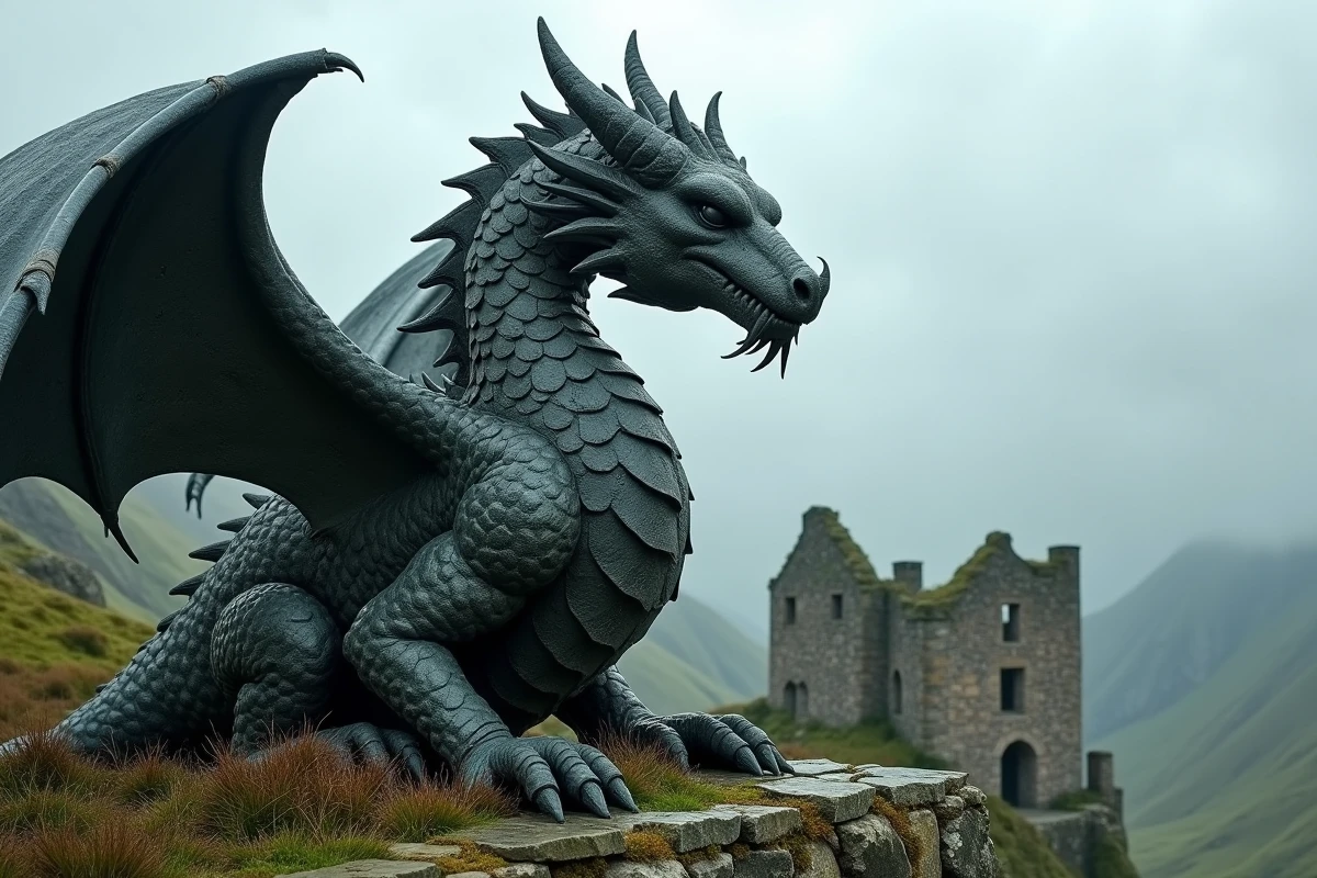 Sculpture draconique en pierre volcanique sur les remparts d'un château médiéval en ruine sous un ciel nuageux