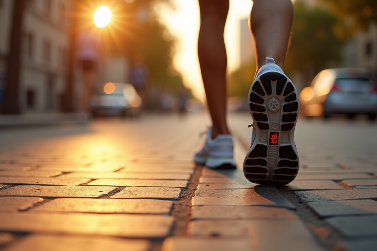 Détail de semelles de chaussures sur le pavé en ville avec compteur de pas
