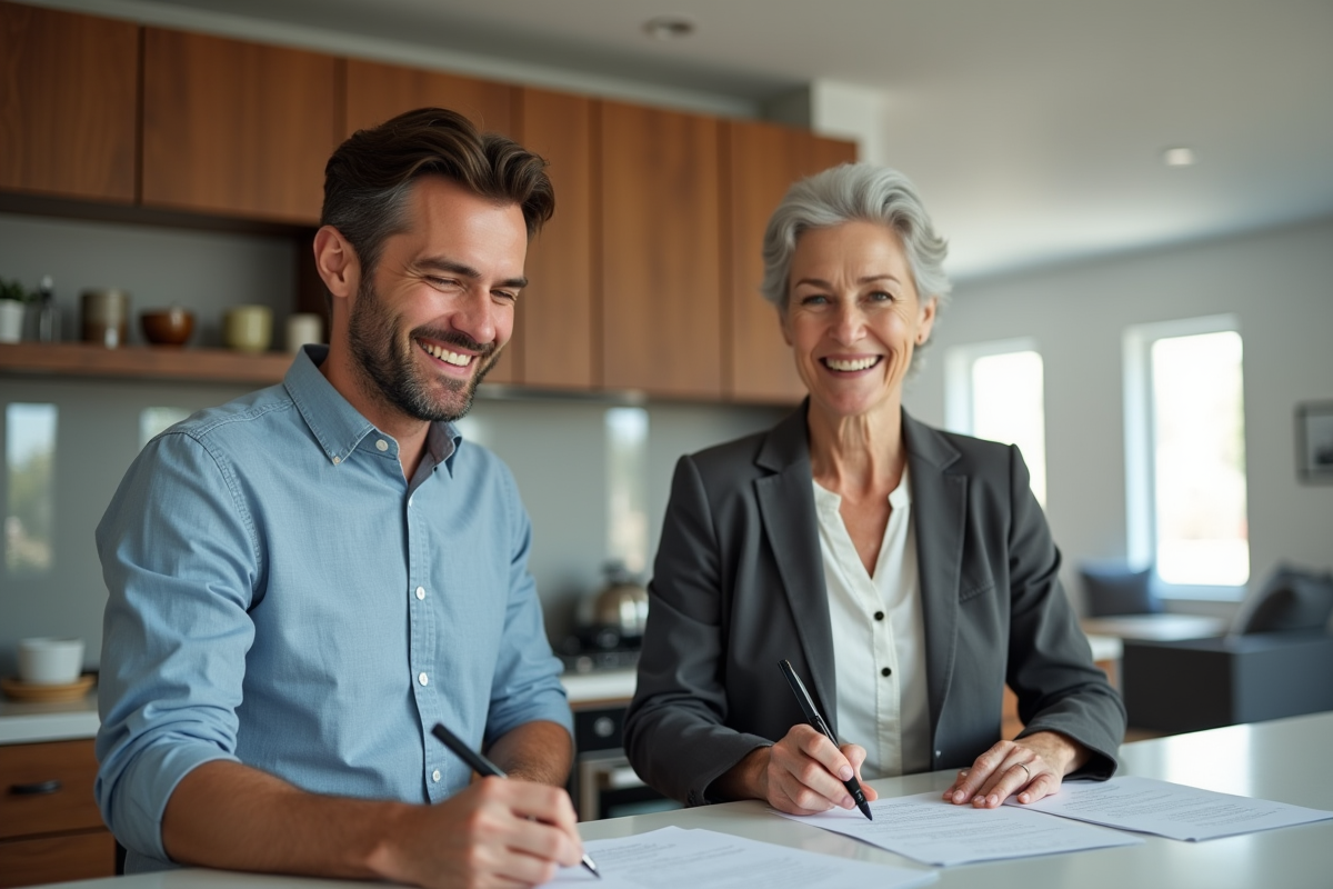 Homme souriant signant un document dans une cuisine accueillante