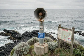 Sirène d'alerte au tsunami sur une côte rocheuse avec panneaux d'évacuation d'urgence