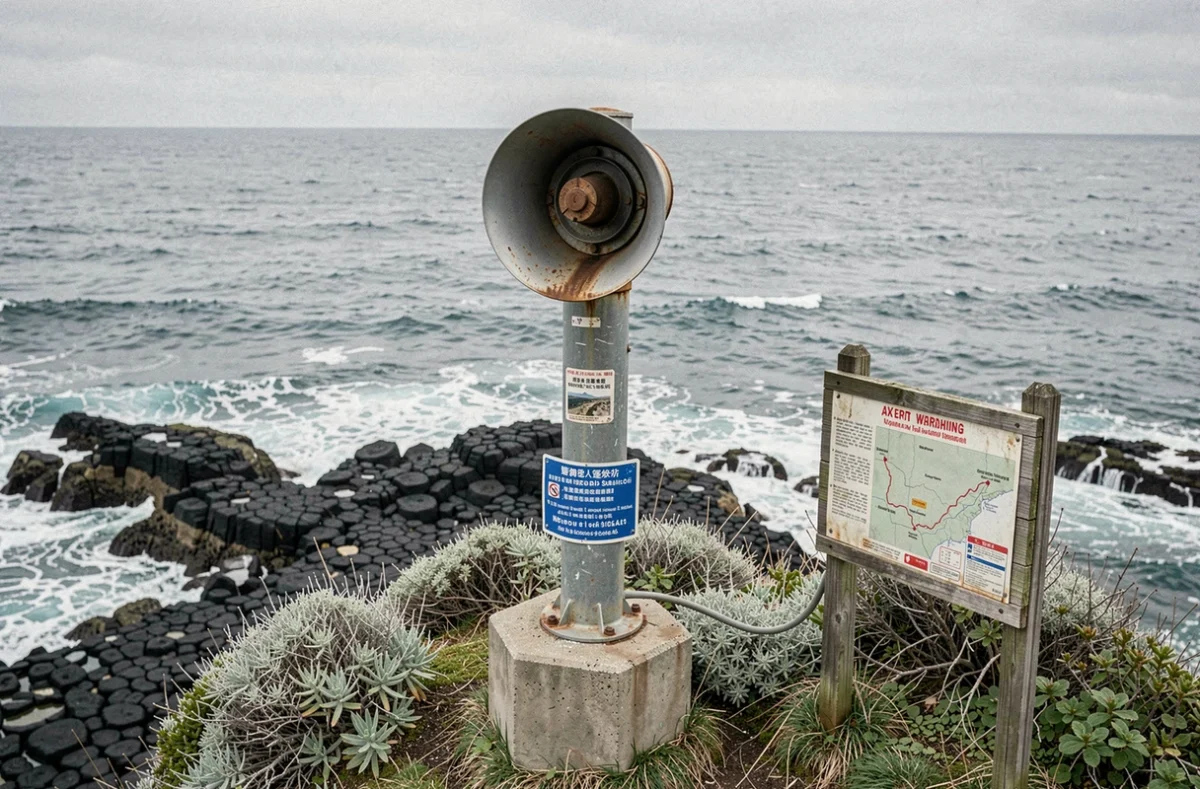 Sirène d'alerte au tsunami sur une côte rocheuse avec panneaux d'évacuation d'urgence