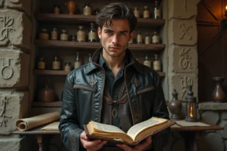 Jeune sorcier consultant un grimoire ancien gravé de runes draconiques dans une bibliothèque médiévale en pierre