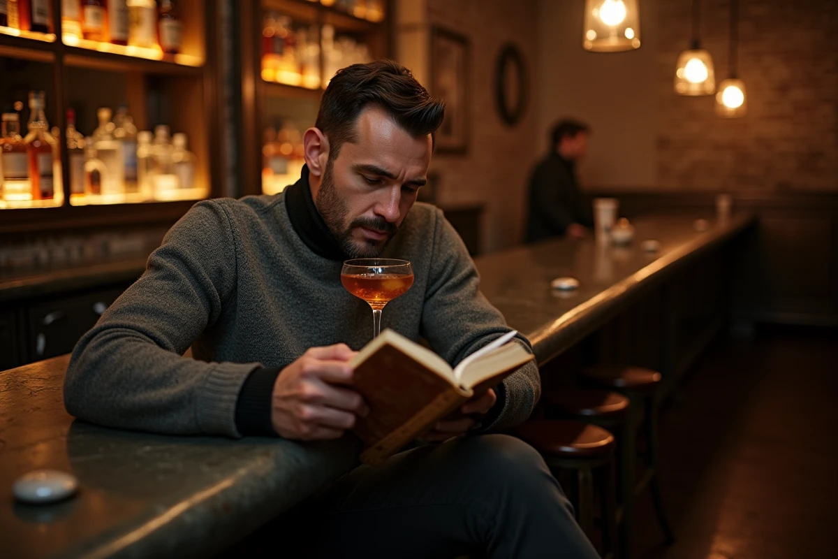 Homme attablé dans un bar clandestin speakeasy parisien insolite le soir, cocktail et livre vintage
