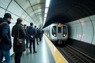 Quai de la station de métro Ligne 6 à Paris avec un train en approche et des voyageurs en attente