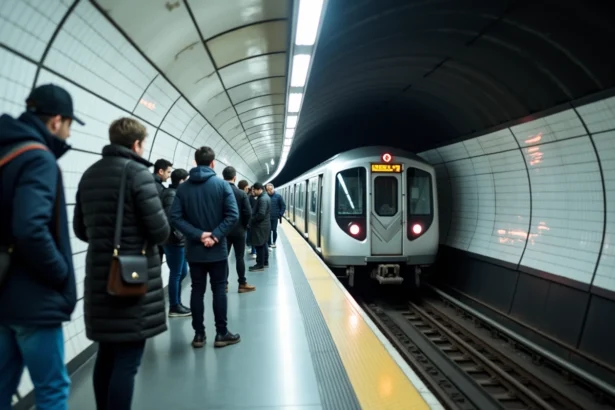Quai de la station de métro Ligne 6 à Paris avec un train en approche et des voyageurs en attente