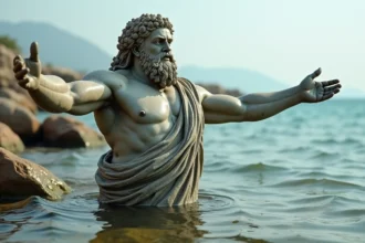 Statue grecque antique d'une divinité marine émergent des eaux méditerranéennes rocheuses, couverte d'algues et de bernacles