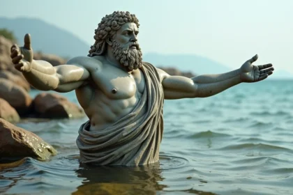 Statue grecque antique d'une divinité marine émergent des eaux méditerranéennes rocheuses, couverte d'algues et de bernacles