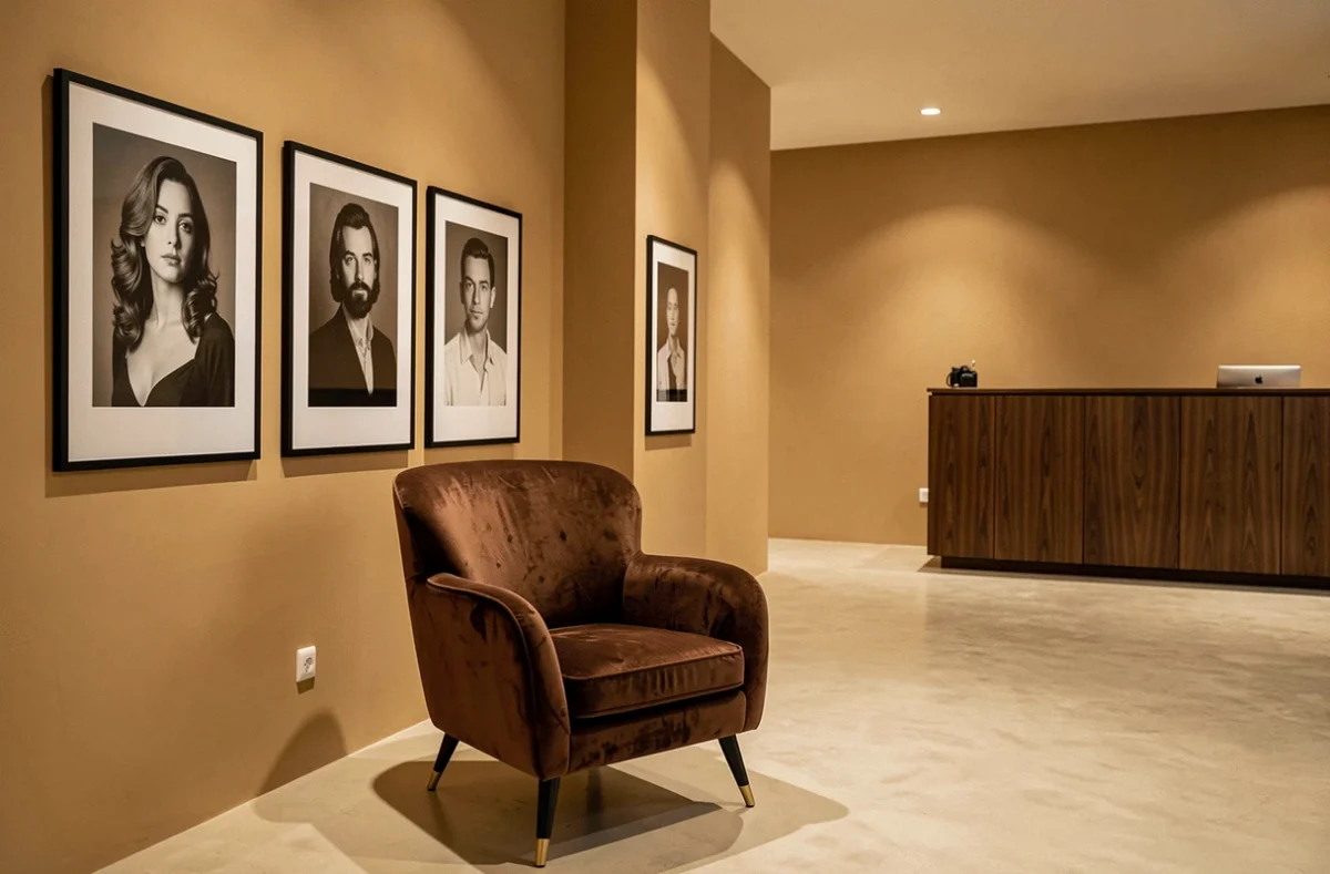 Intérieur luxueux du Studio Bain de Lumière avec fauteuil en velours, portraits encadrés et bureau d'accueil élégant