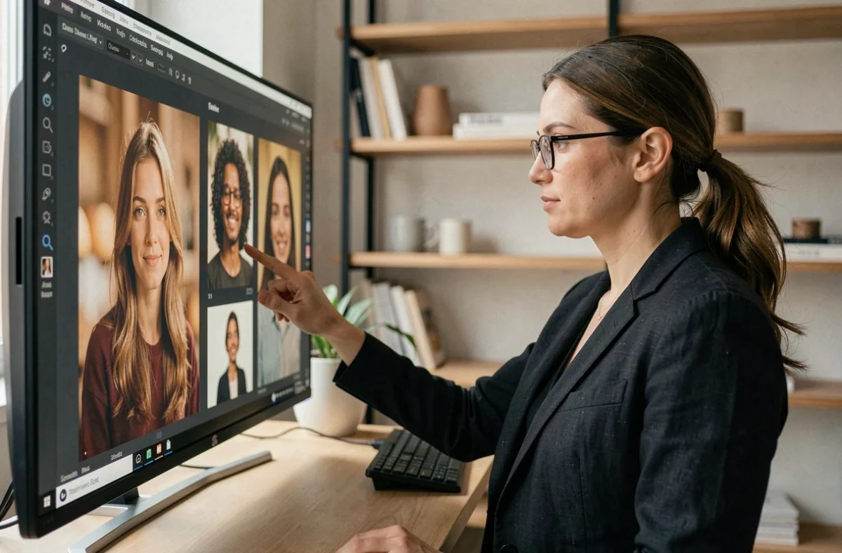 Photographe professionnelle du Studio Mir retouchant des portraits sur écran dans son studio moderne