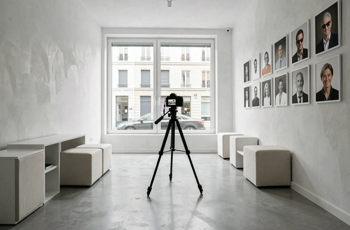Intérieur du Studio Photo Créteil avec équipement professionnel et portraits clients exposés sur les murs