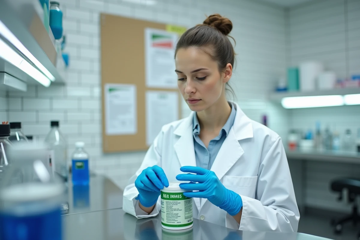 Technicienne en laboratoire vérifiant la conformité d'un produit BELMASS selon les normes réglementaires