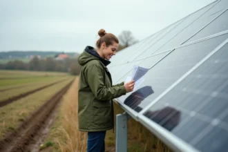 Femme technicienne inspectant des panneaux solaires en milieu rural dans le cadre d'un projet d'énergie coopérative territoriale