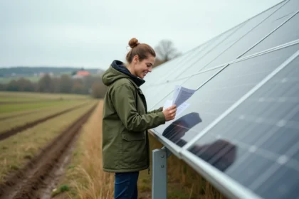 Femme technicienne inspectant des panneaux solaires en milieu rural dans le cadre d'un projet d'énergie coopérative territoriale