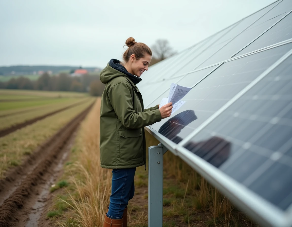 Femme technicienne inspectant des panneaux solaires en milieu rural dans le cadre d'un projet d'énergie coopérative territoriale