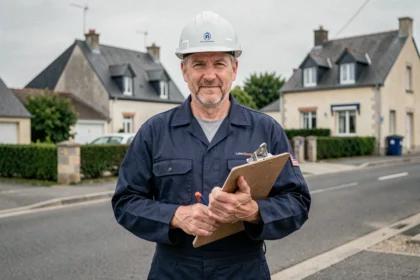 Électricien professionnel en Loire-Atlantique devant un quartier résidentiel, illustrant le top 10 des meilleurs électriciens de la région