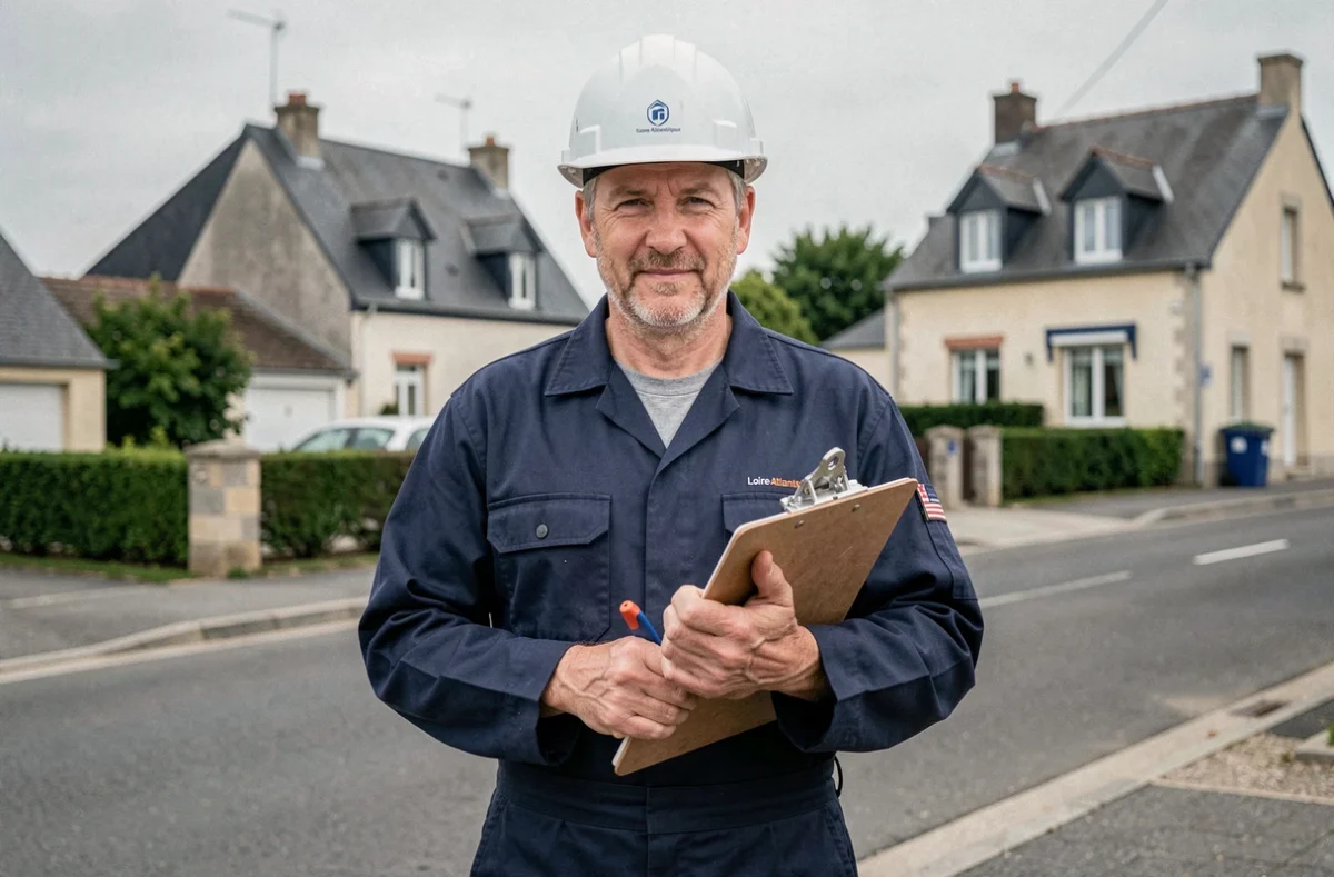 Électricien professionnel en Loire-Atlantique devant un quartier résidentiel, illustrant le top 10 des meilleurs électriciens de la région