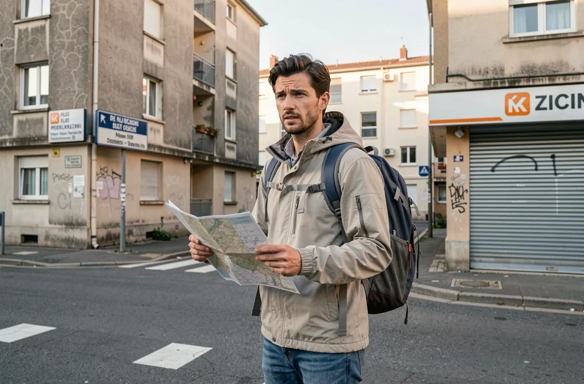 Touriste hésitant à un carrefour du Mirail tenant une carte, entouré de bâtiments dégradés