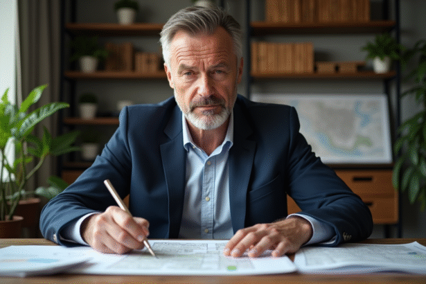 Homme d'âge moyen examinant des documents d'urbanisme dans un bureau