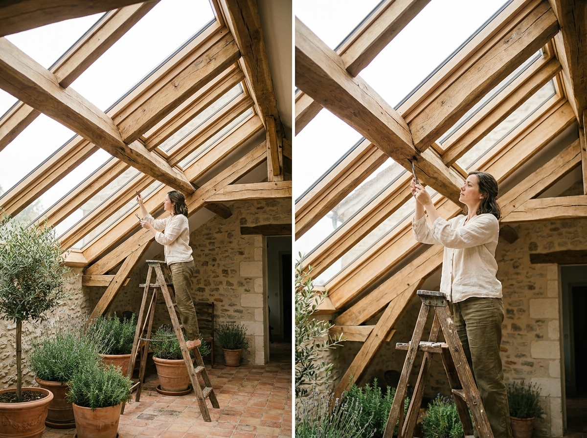 Femme inspectant les joints d'une verrière en bois sur mesure intégrée dans le plafond en pente d'une ferme rénovée