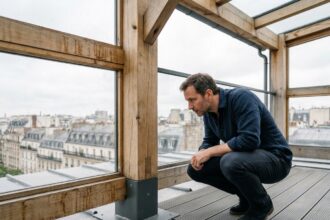 Architecte examinant une verrière en bois sur mesure installée sur une terrasse urbaine avec structure en bois et vitrages doubles