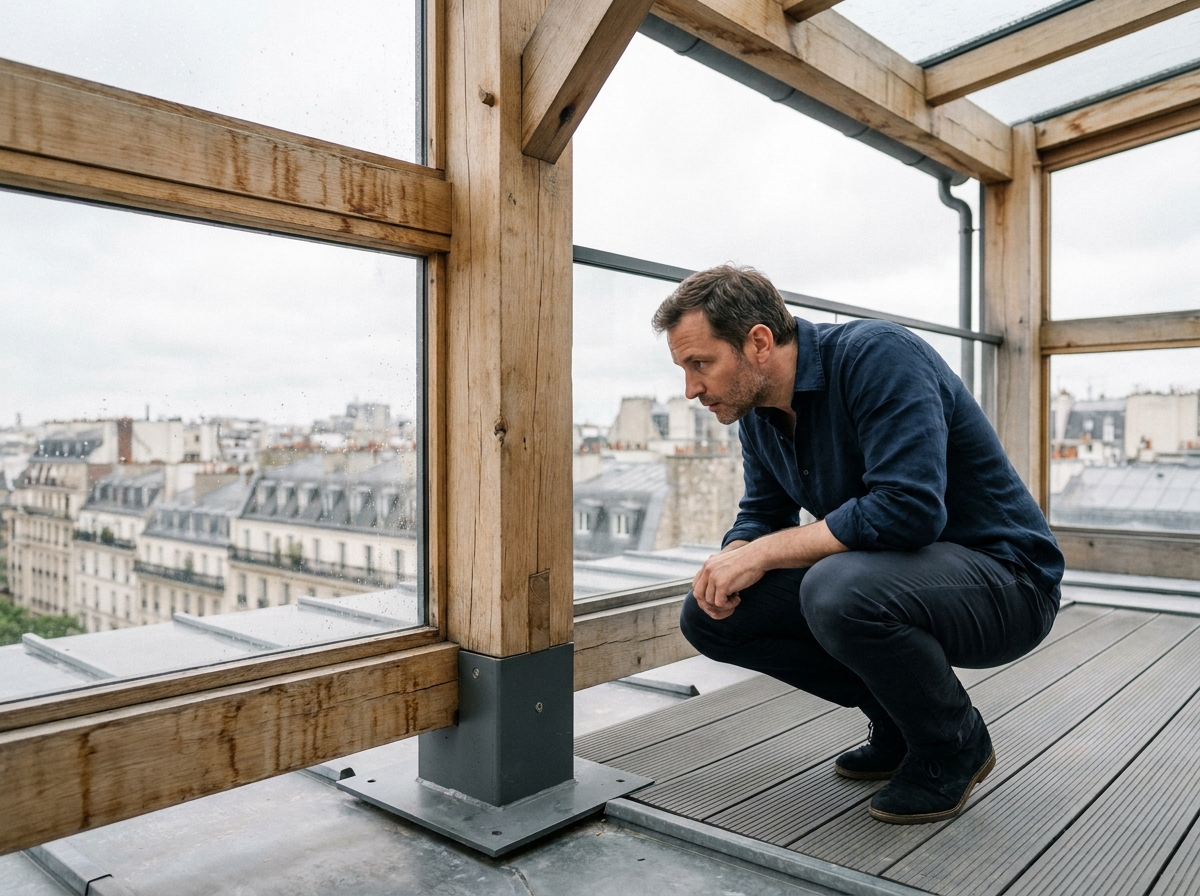 Architecte examinant une verrière en bois sur mesure installée sur une terrasse urbaine avec structure en bois et vitrages doubles
