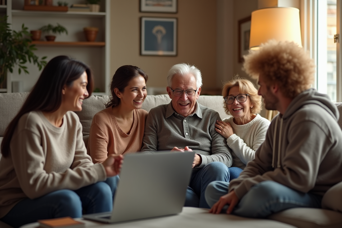 Famille en visio avec grand-parent dans salon chaleureux