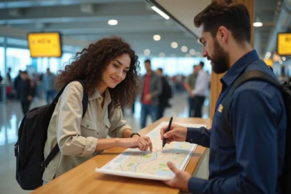 Voyageuse française consultant une carte routière américaine au comptoir de location de voiture dans un aéroport des États-Unis