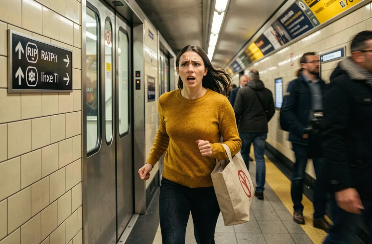 Jeune femme courant pour attraper une rame de métro RATP avant la fermeture des portes dans un couloir parisien