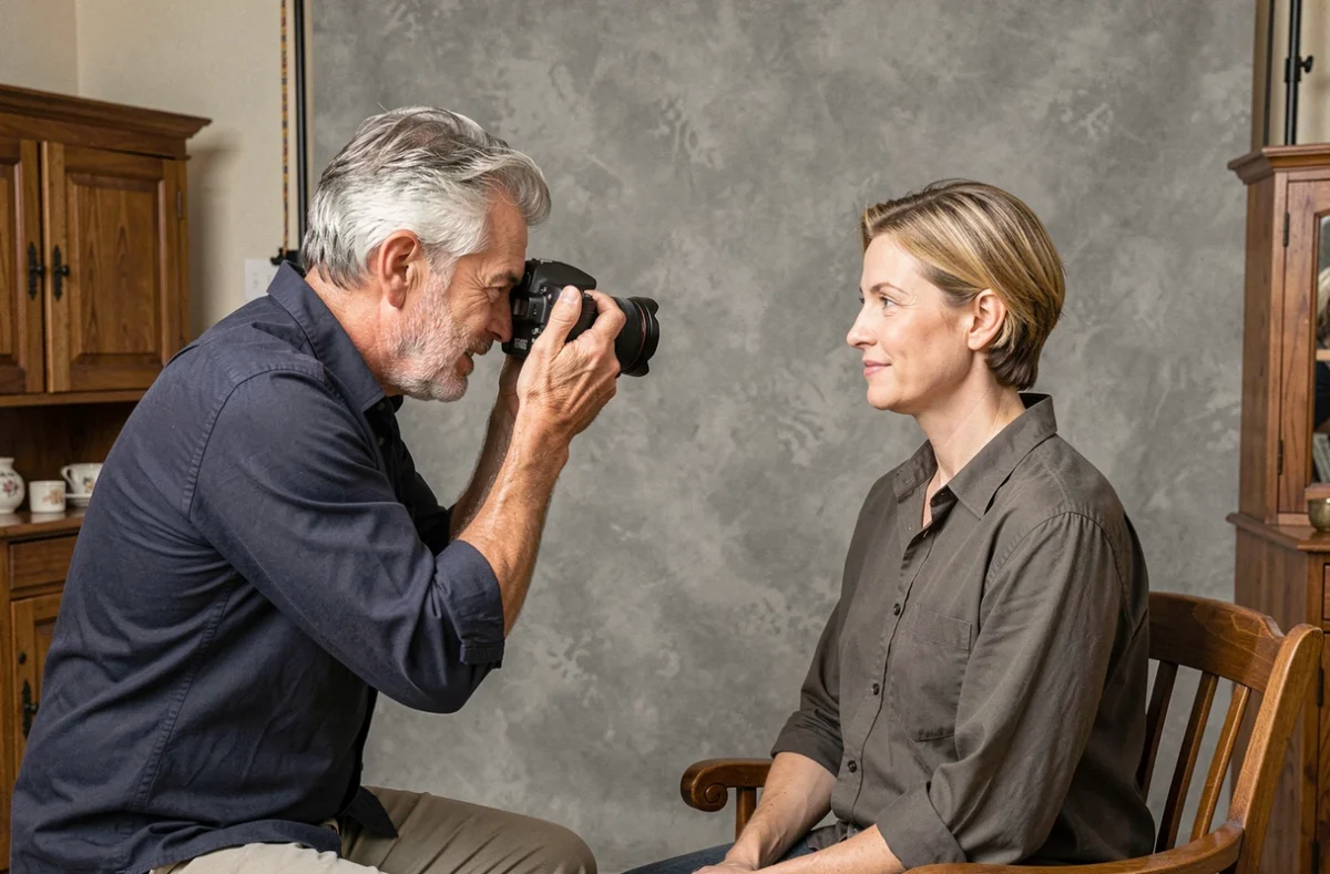 Yves Photographe en pleine séance portrait dans un studio élégant avec mobilier vintage et fond gris texturé